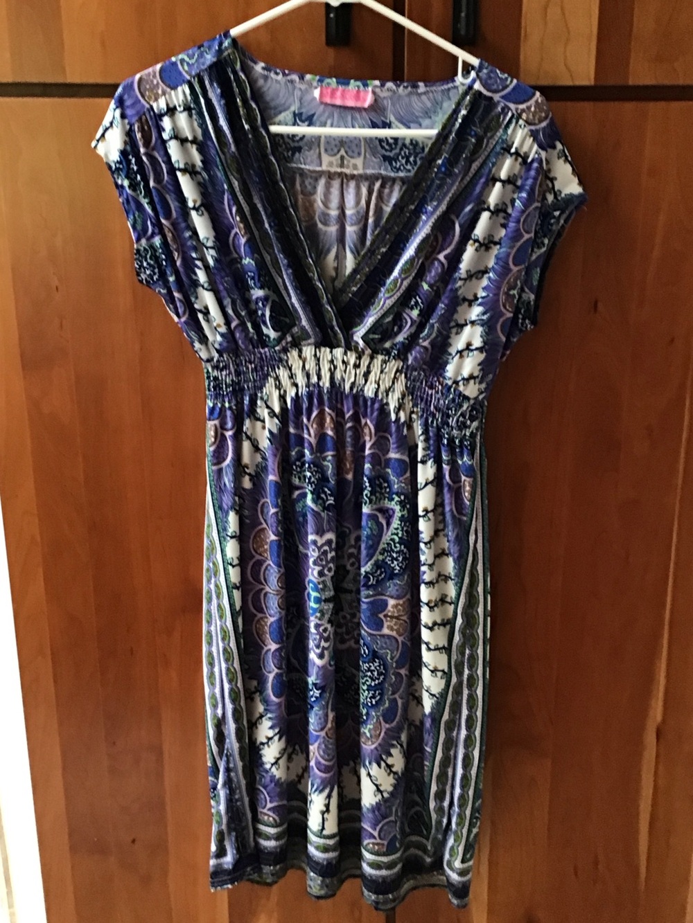 Purple Patterned Midi Dress - Women's Faux Wrap Empire Waist